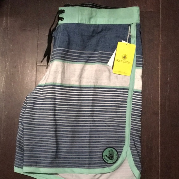 Body Glove Asbury EBoard Surfer Chambray Stripes Dark Teal 19" Swim Shorts - NWT